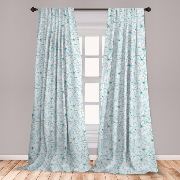 Blue Curtains 2 Panels Set, Abstract Flowers with Heart Shaped Leaves