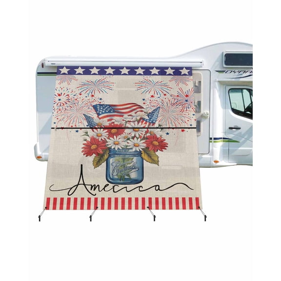 4th of July RV Awning Sun Shade Screen 9'X7' American Flag Patriotic Mesh Sunscreen Memorial Flower Fireworks Awning Shade Screen with Zipper UV Blocker Completed Kits for RV Motorhome Camper