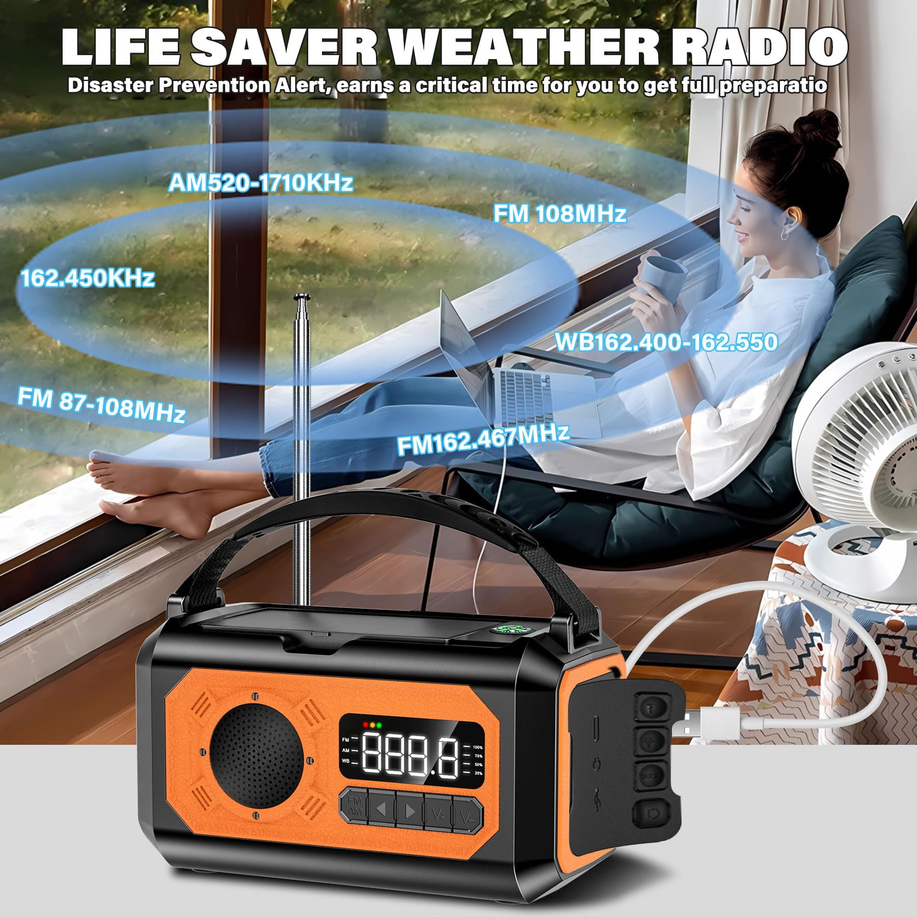 KOGYAS Emergency Weather Radio, 12000mAh Hand Crank Radio,Portable AM/FM/NOAA Radio with 2 Solar Panels,Multi-Function Solar Radio with Flashlight Reading Lamp SOS,Compass,Power Bank(Orange)