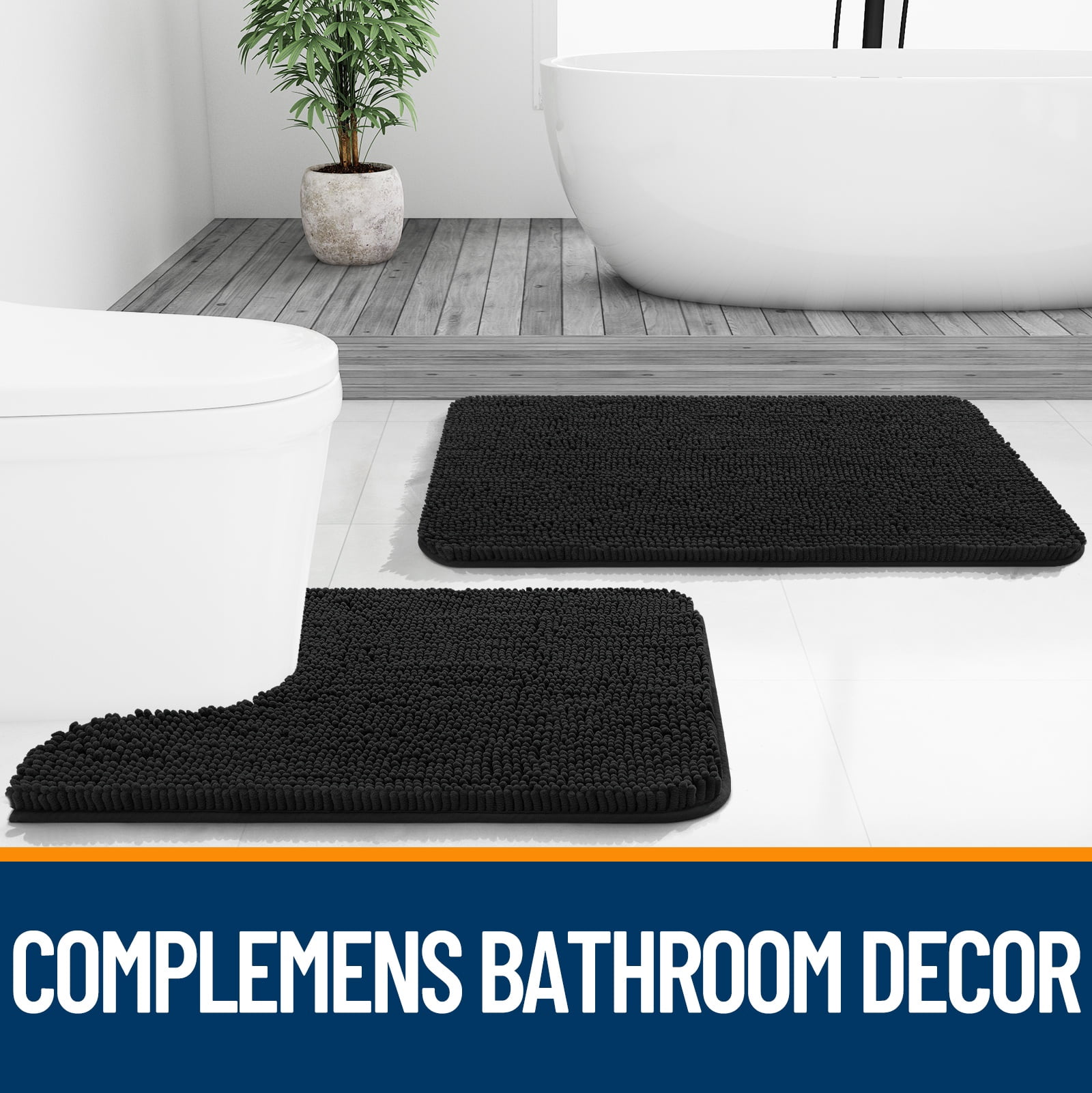 Buganda Bathroom Rugs 34x21, Quick Dry Machine Washable Chenille Bath Mats with Rubber Backing, Black