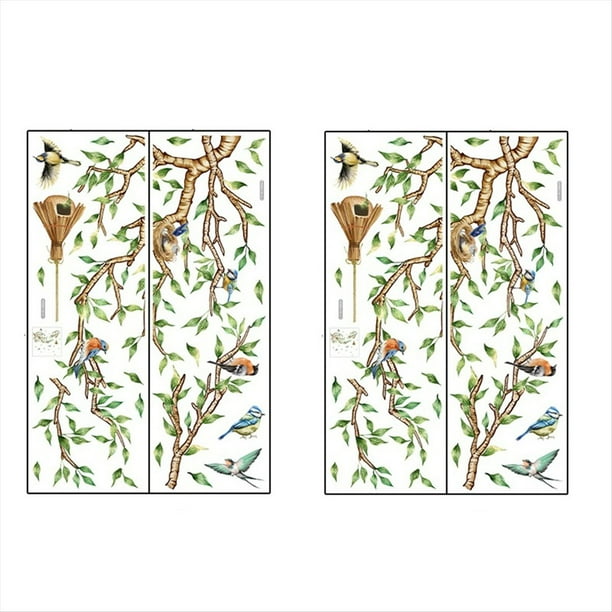 Vinilos decorativos de pared con ramas de flores coloridas y pájaros, adhesivos autoadhesivos con hojas verdes y nido de pájaro para sala de estar.