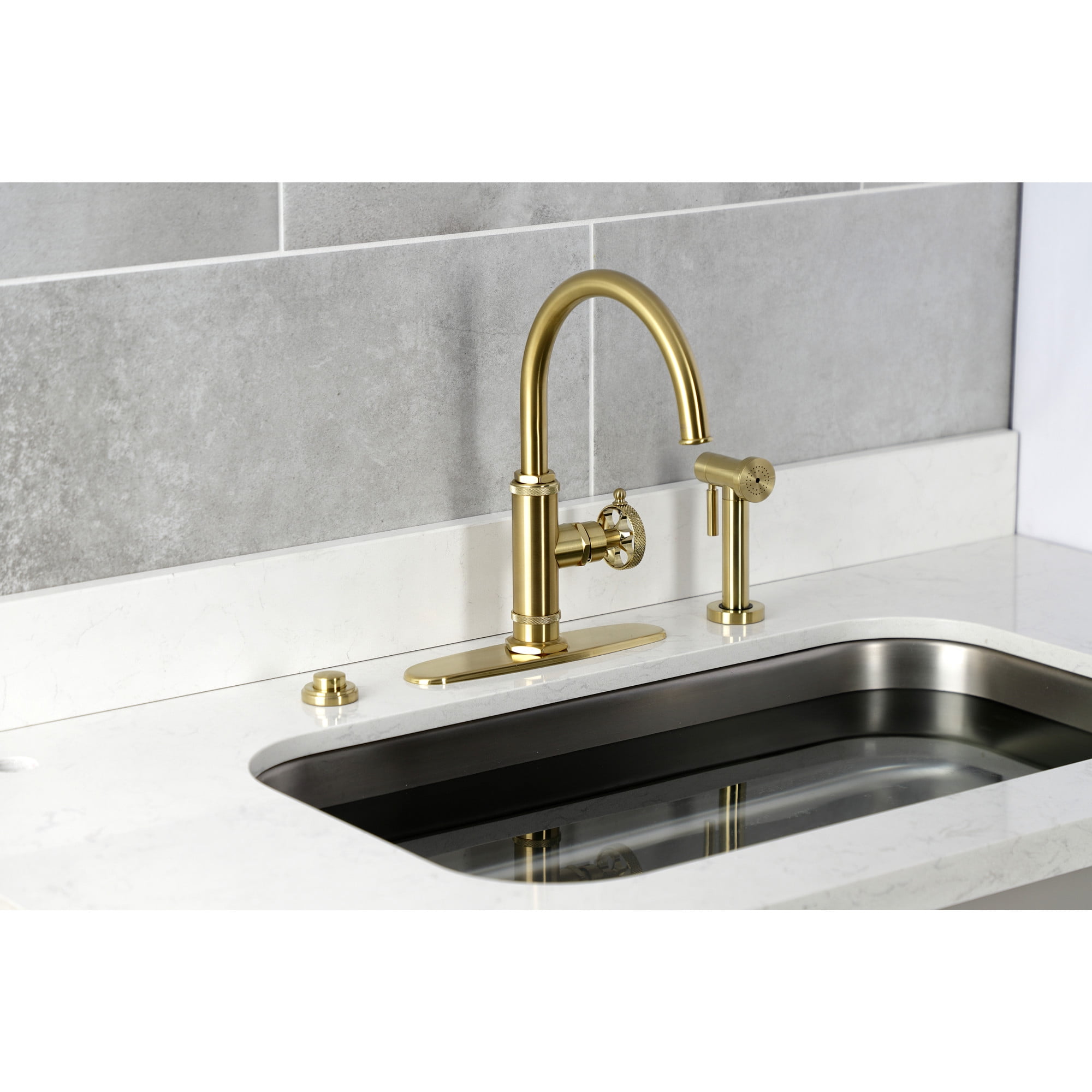 Kingston Brass KS2437RKX Webb Single-Handle Kitchen Faucet with Knurled Handle and Brass Side Sprayer, Brushed Brass