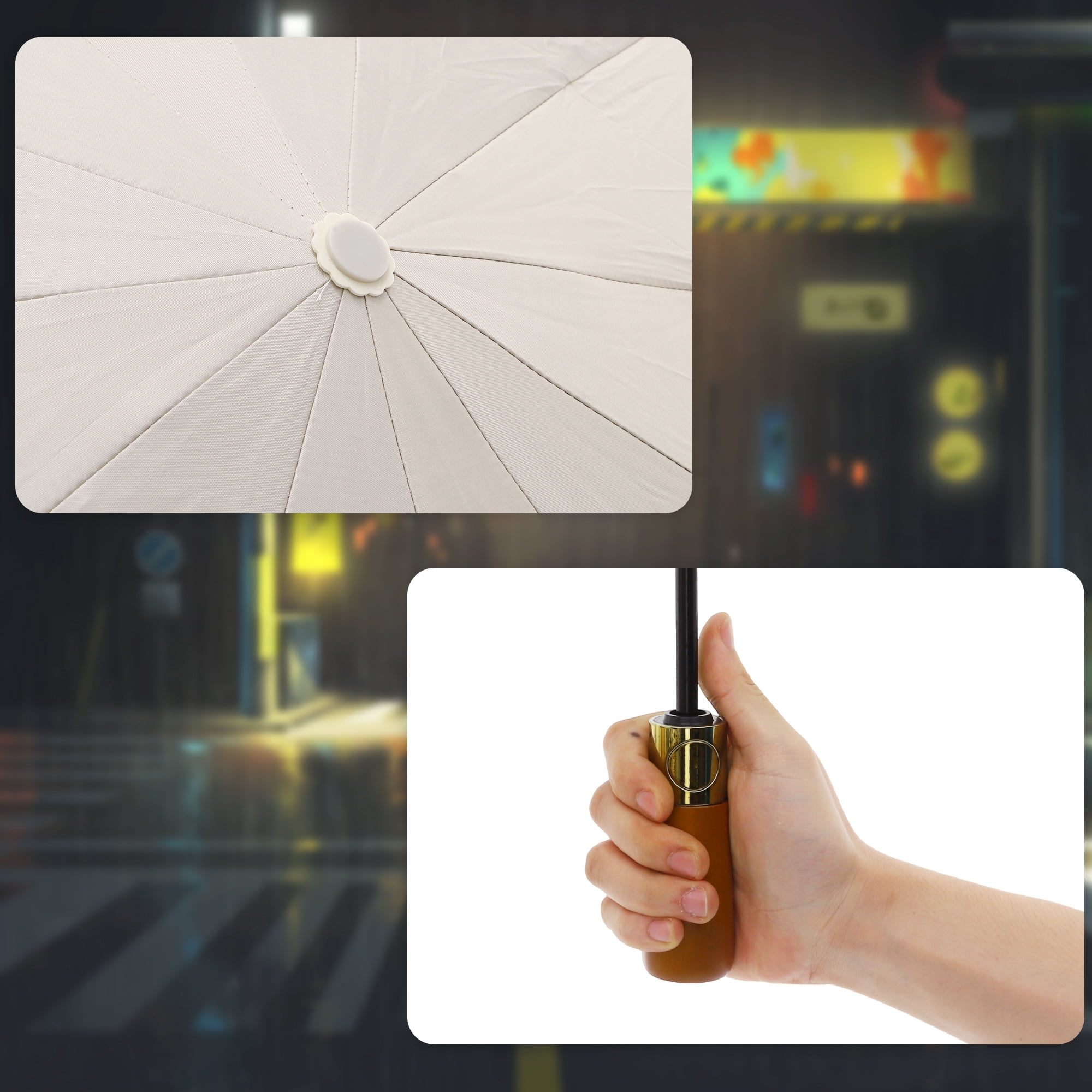 Unique Bargains Collapsible Windproof Folding Umbrella with Wooden Handle Beige