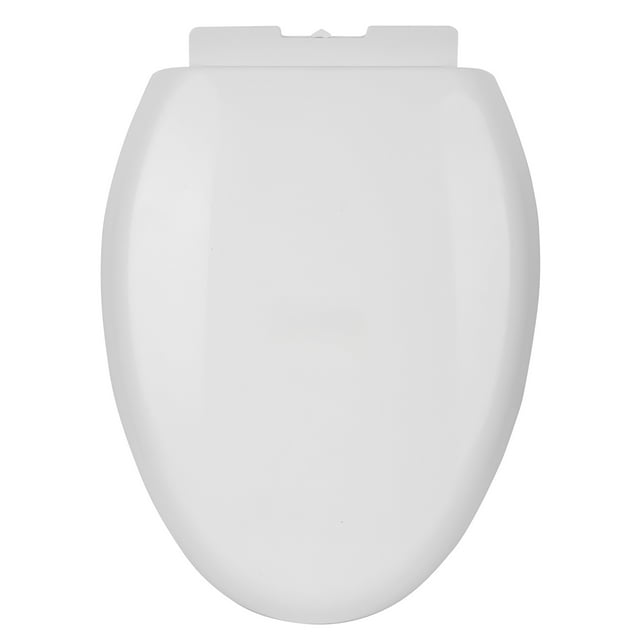 Elongated white toilet seat measuring 18 inches, featuring soft close and quick release mechanisms for easy cleaning.