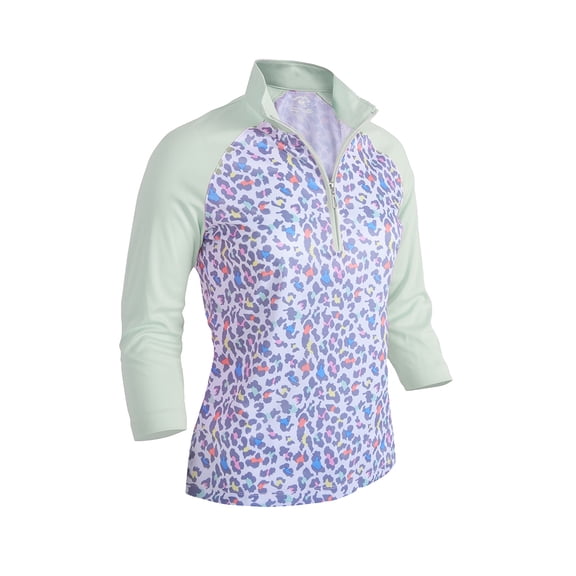 Monterey Club Women's Pro Leopard Print Block 3/4 Sleeve Zip Golf Polo Shirt #2352