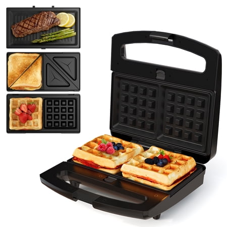 Sunvivi 3-in-1 Electric Sandwich Maker & Waffle Grill, 800W Panini Press with Non-Stick Removable Plates & Tempered Glass Top, Cool Touch Handle, Black