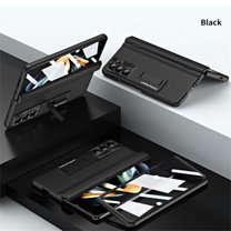Allytech Slim Case for Samsung Galaxy Z Fold 5, Luxury PU Leather Hinge Protection Hidden Foldable Kickstand Case with Tempered Glass Screen Protector, Shockproof Anti-Scratch Case - Black