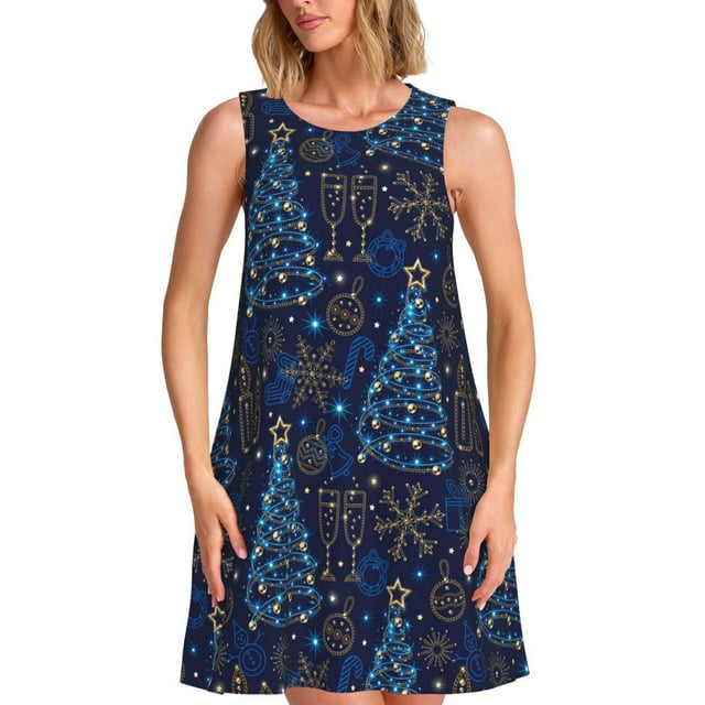 Daiia Robes de Noël Brillantes Imprimé Arbre Robes pour Femmes 2025 Tendance Manches Courtes Robes Décontractées Amples Fluides Maxi Robes de Soleil