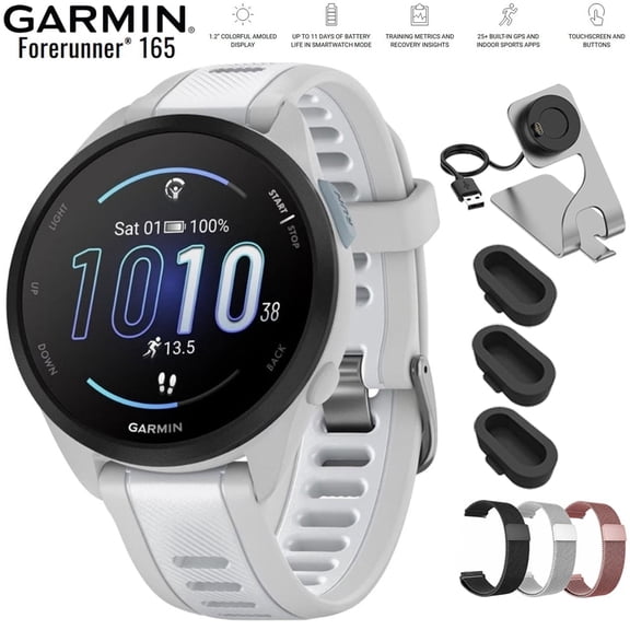 Garmin Forerunner 165 Smart Sport Watch Mist Gray Whitestone 010-02863-21 Bundle with Deco Essentials 20mm Milanese Band 3 Pack, Charging Dock and Silicone Dust Cover 3 Pack