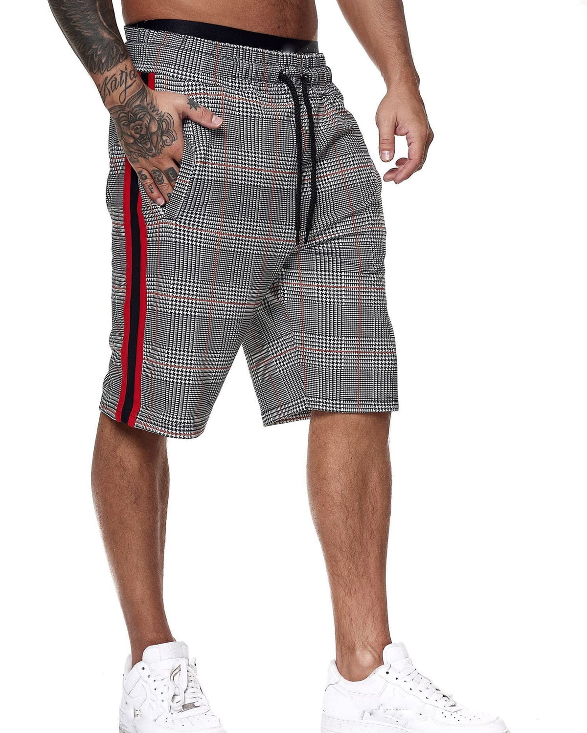 DressU Mens Relaxed-Fit Pocket Plaid Leisure Beach Shorts with Elastic Waist and Pockets