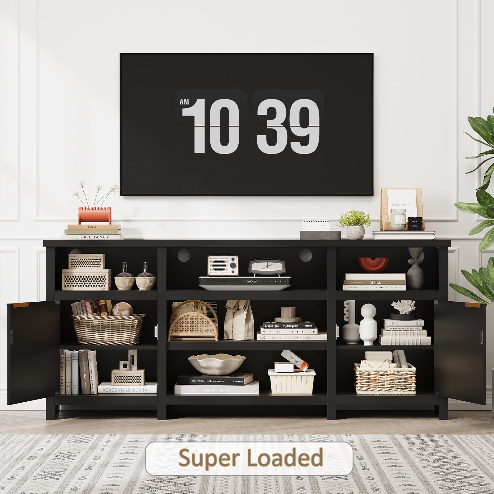 Farmhouse LED TV Stand for 80-inch TVs, Wooden Highboy TV Cabinet Media Console Entertainment Center with Storage for Living Room, Black