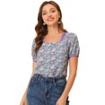 thumbnail image 1 of Blusa Campesina Allegra K Cuello Cuadrado Ribete Encaje Color Contraste Floral Vintage Mujer Azul M, 1 of 4