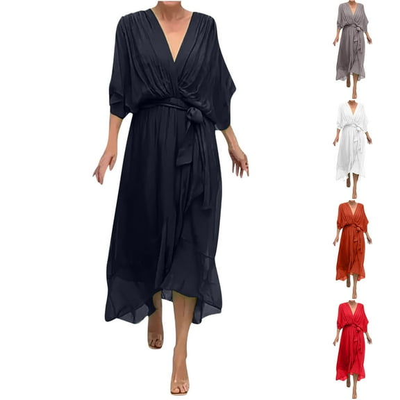 Kmdttou Women's Short Sleeve Loose Plain Dresses Women's Casual Solid Color Lace Up Irregular Long Dress