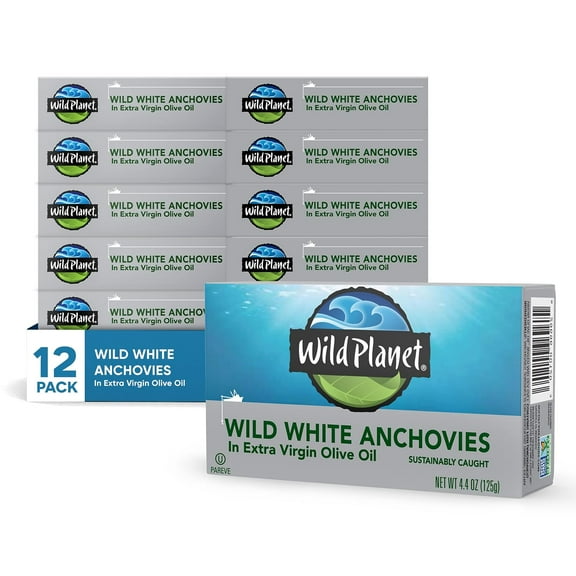 Wild Planet Wild White Anchovies in Extra Virgin Olive Oil, 3rd Party Mercury Tested, 4.4 Ounce, Pack of 12