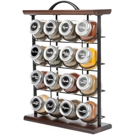 16 Jar Acacia Wood & Metal Wire Spice Rack with Spices Included, Storage for Spices and Seasoning, Black & Brown$$Home Decor, Kitchen, & Other
