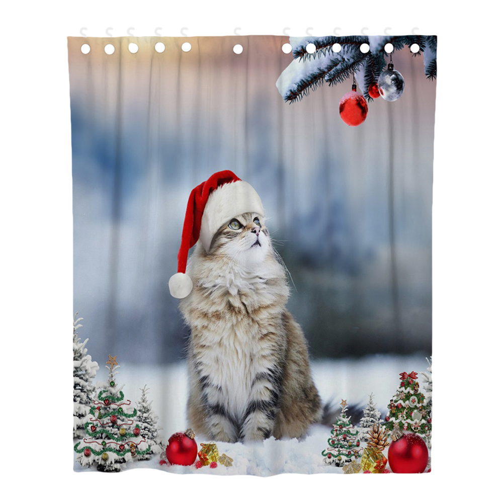 HOMEMAXS 180x180cm Christmas Cat Shower Curtain Printing Waterproof