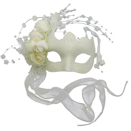 WHITE w/ ROSES MASQUERADE MASK - Venetian - FANCY PARTY