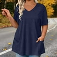 thumbnail image 2 of HomeDM Short Sleeve Shirts for Women, V Neck Summer Loose Fit Solid Color Basic Tee with Pocket - Navy/S, 2 of 7