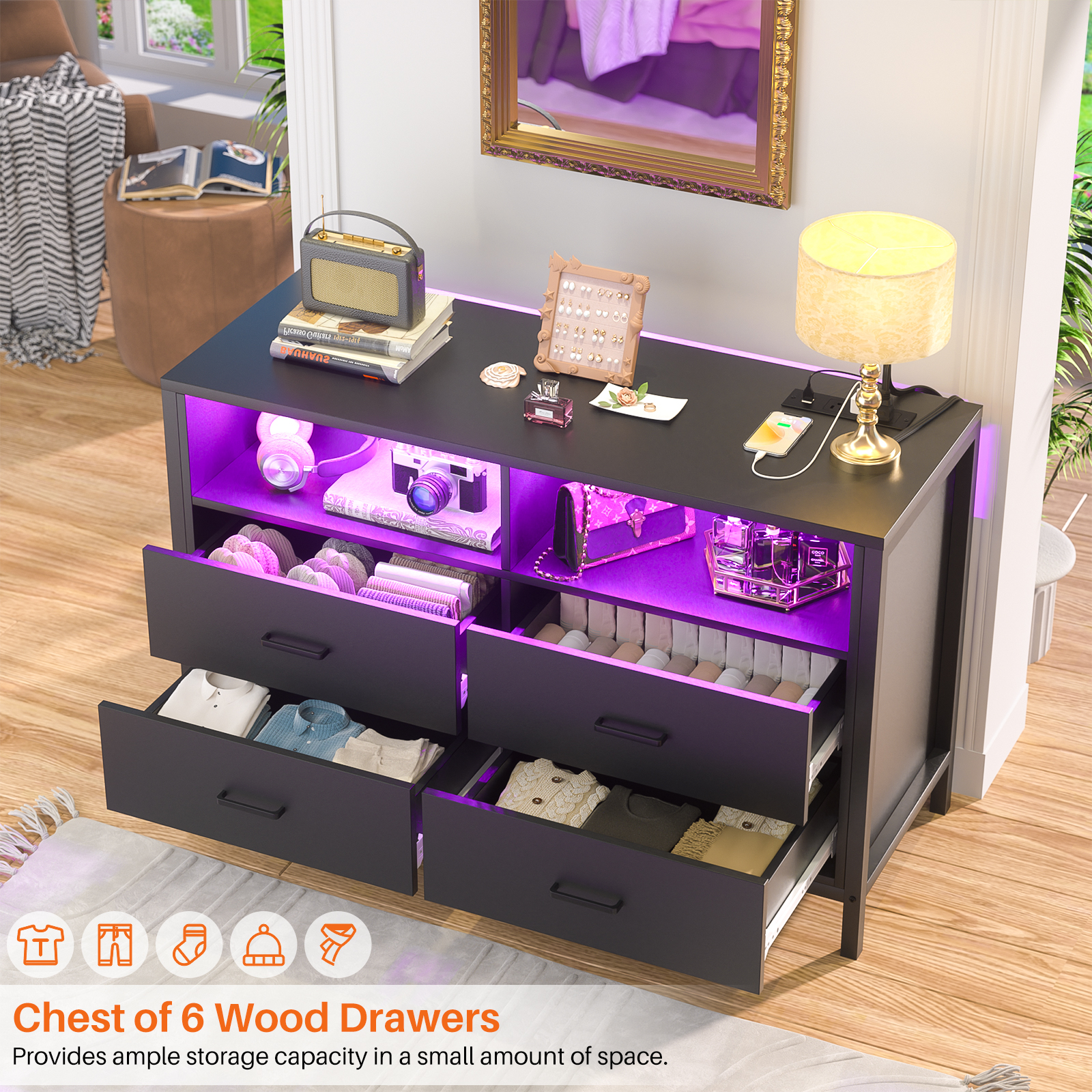 Homieasy Dresser for Bedroom, 4 Drawer Dresser with LED Lights and Charging Station, Wood Dresser, Wide Chest of Drawer Storage Organizer, Dresser TV Stand for Living Room, Closet, Entryway, Black