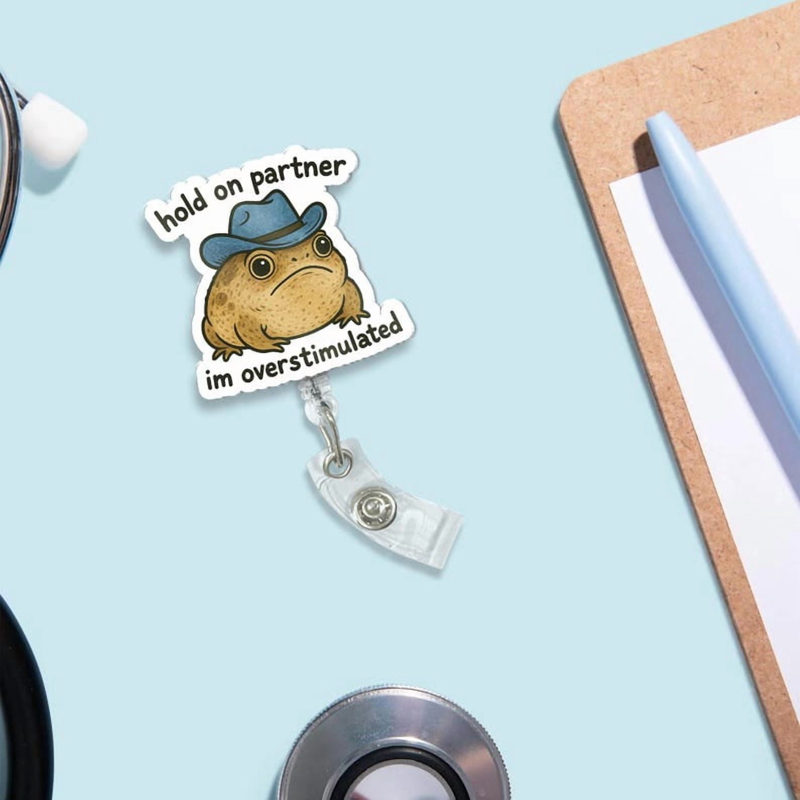 ViciArt Hold On Partner Overstimulated Badge Reel, Acrylic Retractable ID Holder, Cowboy Frog Clip