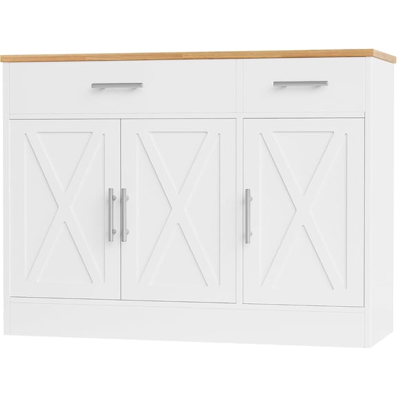Modern Farmhouse Sideboard Buffet Cabinet with Storage with 3 Doors,42" Barn Doors Buffet Cabinet with Storage, Wood Coffee Bar Cabinet with Adjustable Shelf for Kitchen Living Room,White