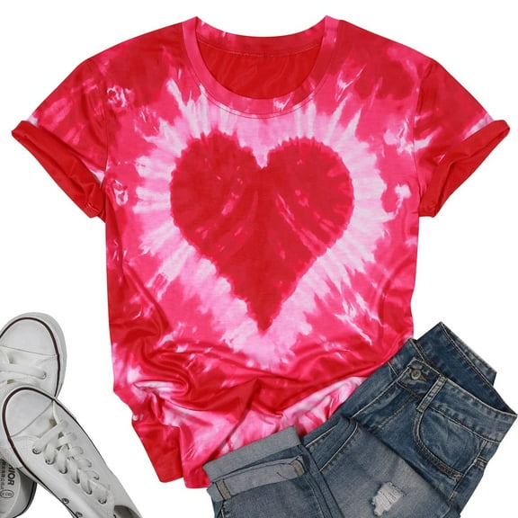VILOVE Valentine Shirts for Women Tie Dye Heart T Shirt Valentine's Tee Shirt Casual Lover Short Sleeve Tops Pink S-2XL