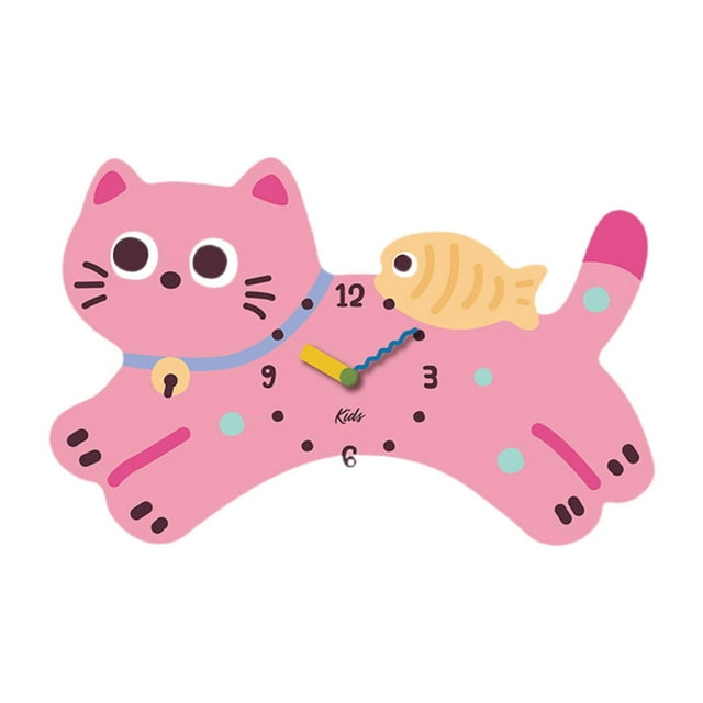 Reloj de pared de gato, silencioso, para habitación infantil, con números arábigos, para colgar Rosa