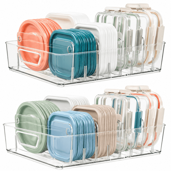 2 Pack Food Container Lid Organizer, Clear Plastic Kitchen Cabinet Lid Holder with Adjustable Dividers for Food Storage Container Lids, Pantry, Drawer & Countertop Organization