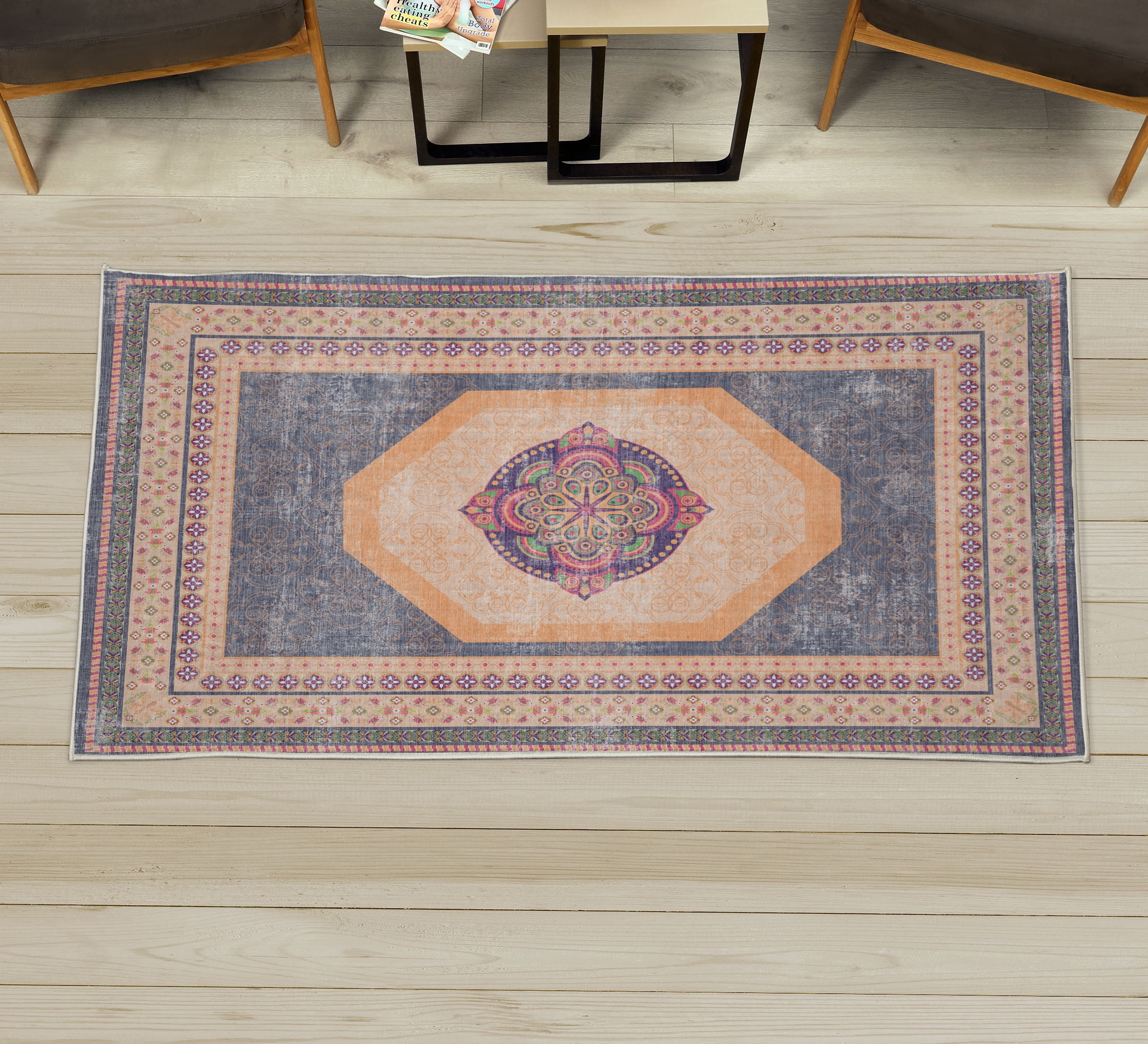 Bohemian Decorative Rug, Mandala Like Floral Medallion Motif Geometric ...