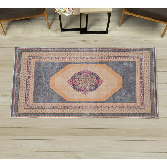 Bohemian Decorative Rug, Mandala Like Floral Medallion Motif Geometric Forms and Spring Flowers Art, Quality Carpet for Bedroom Dorm and Living Room, 6 Sizes, Peach and Purple, by Ambesonne