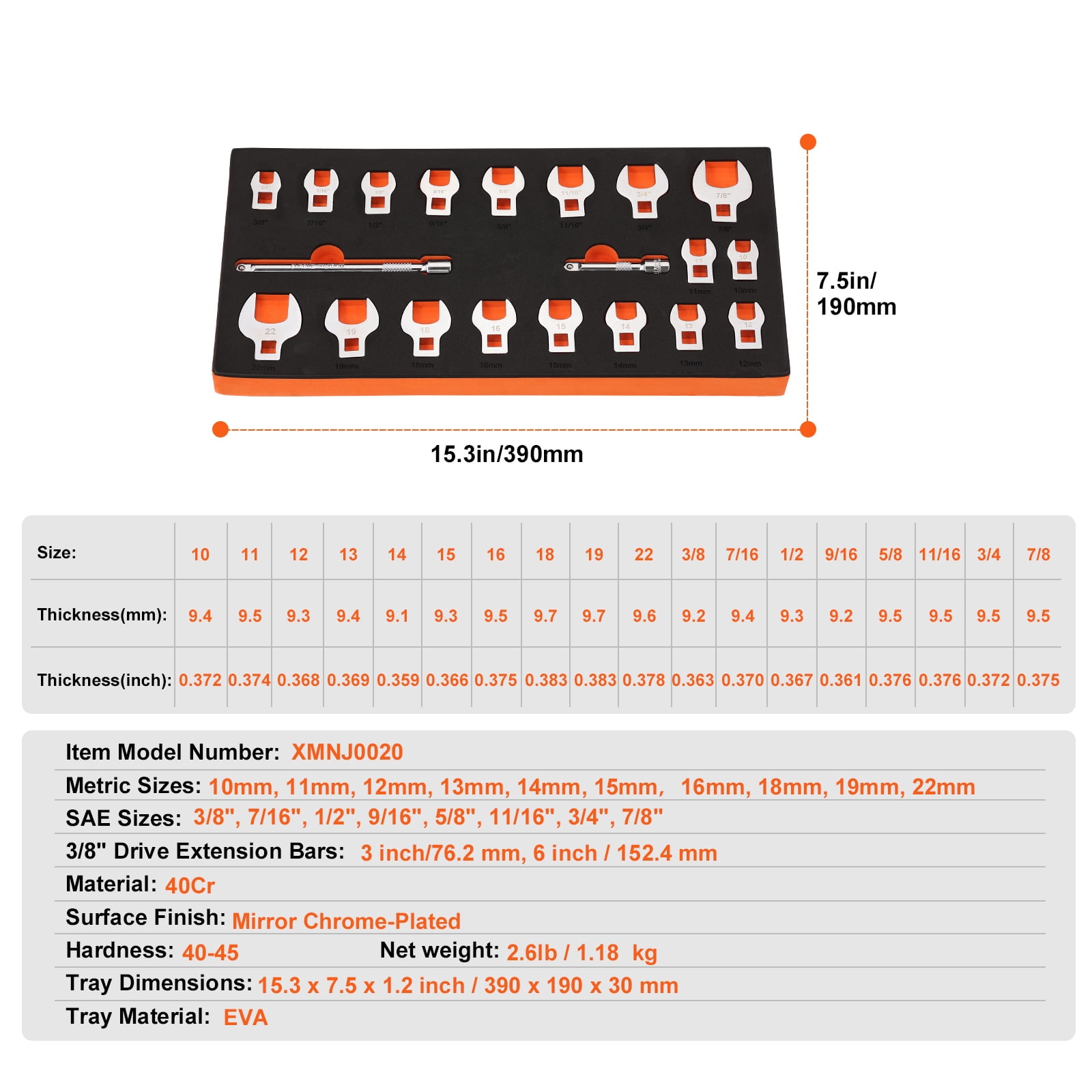 KFFKFF 20 Piece Claw Wrench Set 3/8 Inch Drive Wrench Set SAE Specs