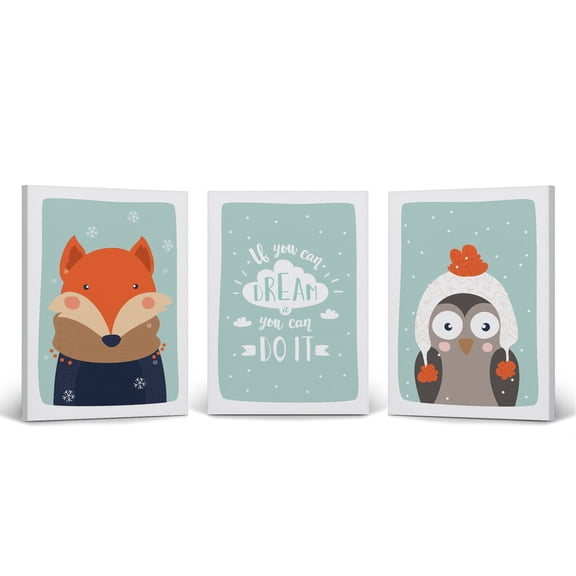 Smile Art Design Cute Fox Owl and Quote Winter Theme Turquoise Background 3 PANEL Canvas Wall Art Print SET Kids Room Decor Baby Boy and Girl Room Decor - Made in the USA (40x30)x3