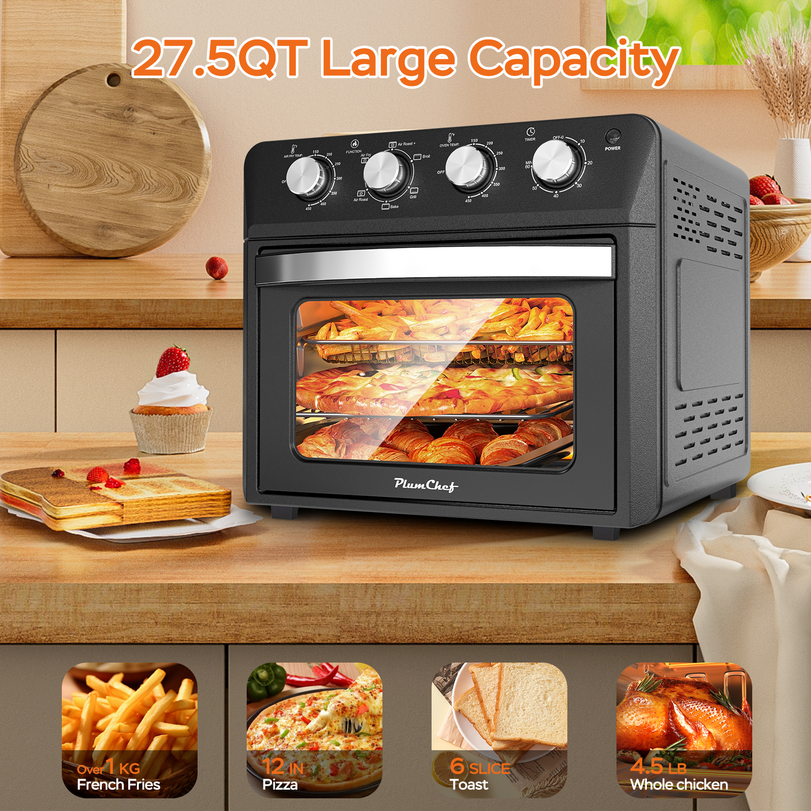 Plum Chef 27.5QT Air Fryer Toaster Oven Combo, 6-in-1 Countertop Convection Oven with Air Fry, Bake, Broil, Toast, Warm & Dehydrate, Includes Tray & Rack, Family Size, Stainless Steel Door, Black