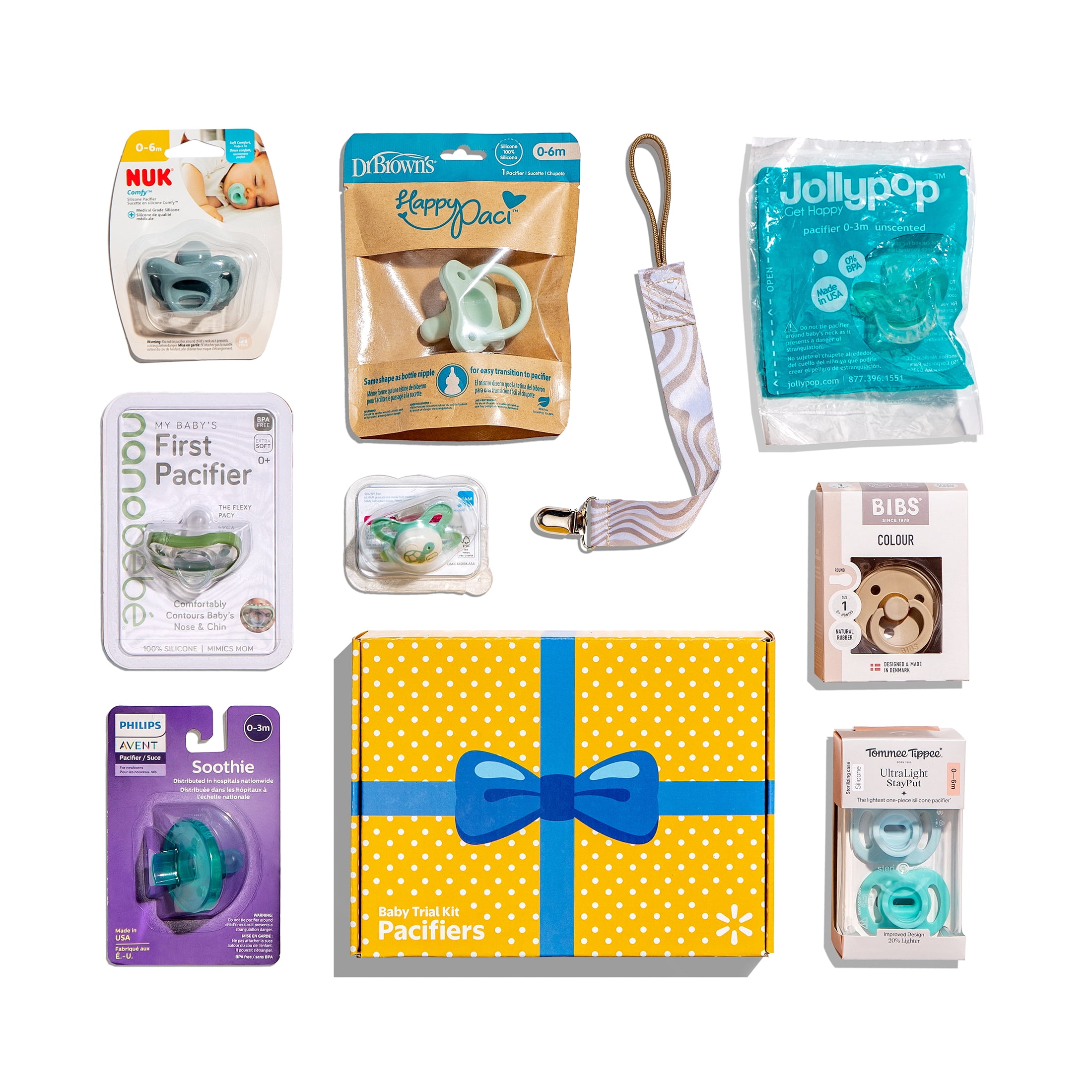 Baby Trial Kit of Pacifiers, Samples from 8 Brands, Various Styles and Colors