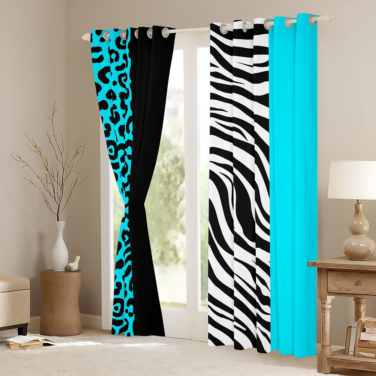 Manfei Wild Cheetah Pattern Blackout Curtains Set of 2 (52x84 Each),Zebra Lines Window Curtains,Bblue Black Leopard Print Curtains and Drapes For Child,Super Cozy Room Decor