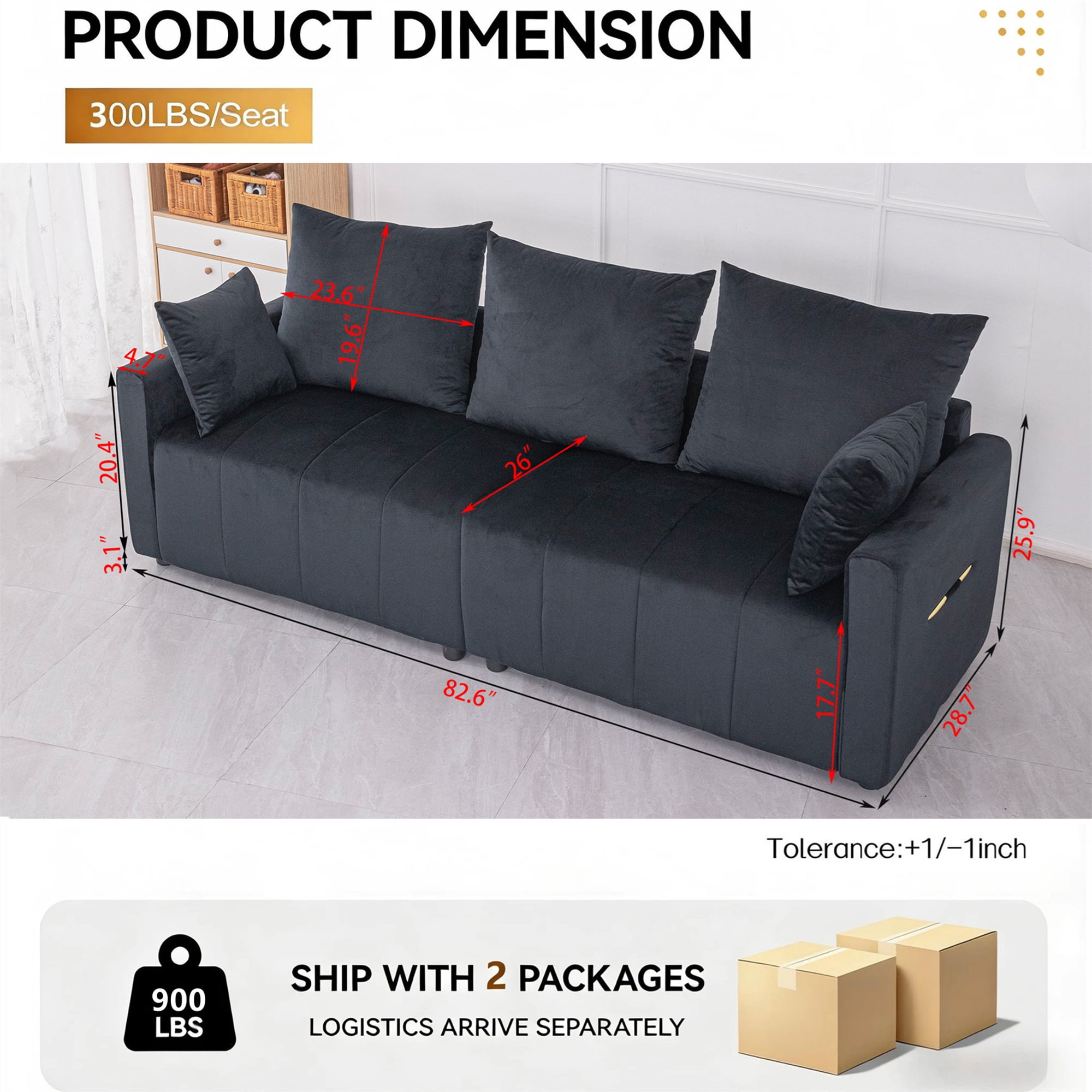 Aukfa 83" Modern Sofa Couch for Living Room Bedroom, 26" Deep Seat, 5 Pillows, Velvet, Black