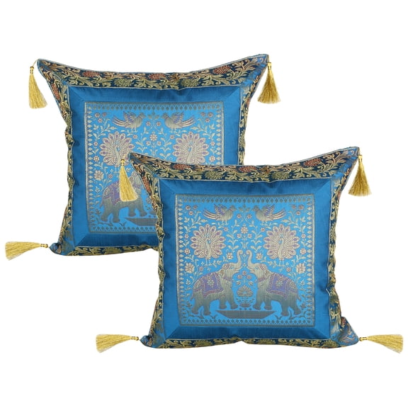 Stylo Culture Ethnic Brocade Decorative Throw Pillow Covers Turquoise Gold 18 x 18 Jacquard Weave Tassels Couch Cushion Covers 45x45 cm Polydupion Silk Zippered Elephant Square Pillowcases | Set Of 2