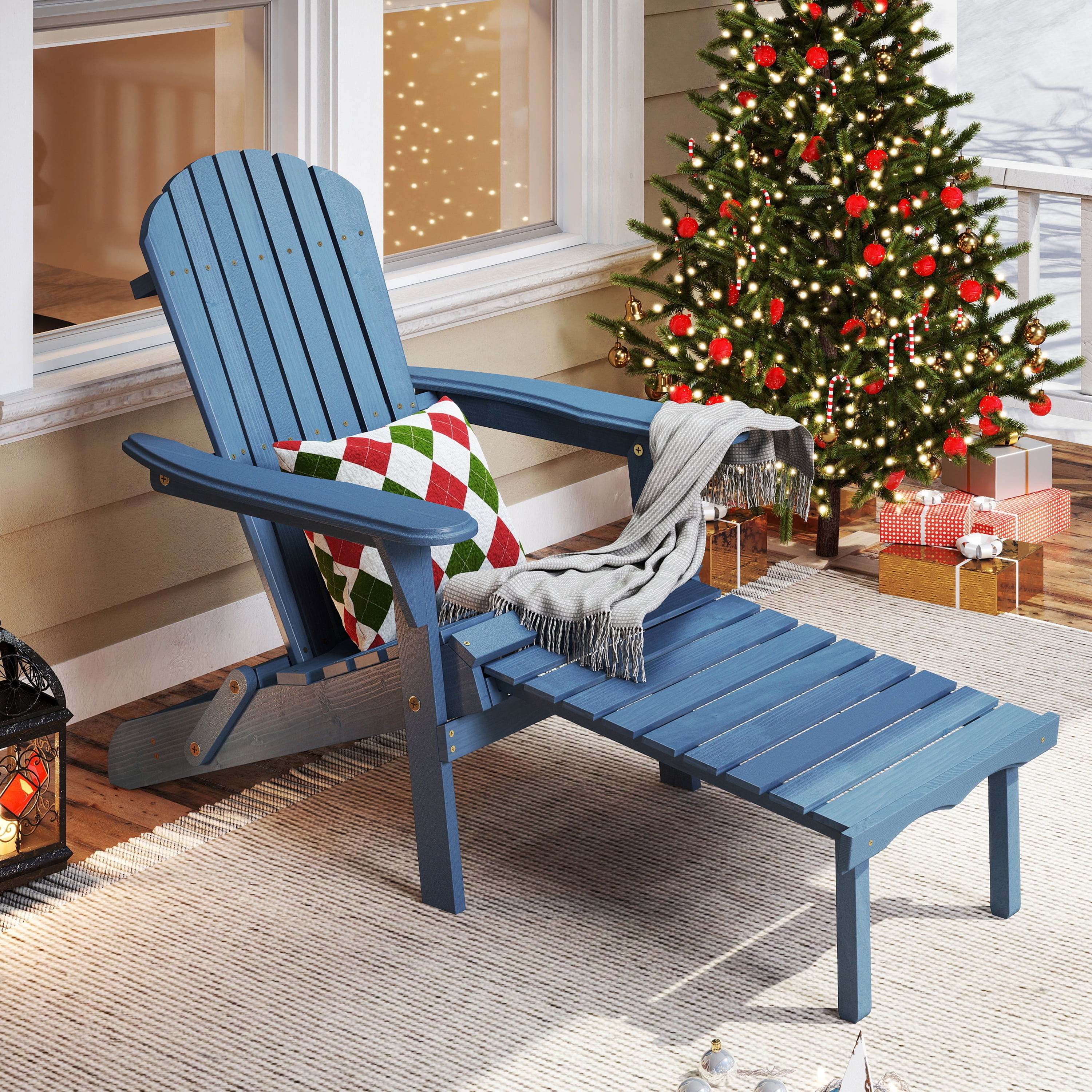 Outdoor Wooden Folding Adirondack Chair with Retractable Ottoman, Pre-Assembled BackRest & SeatBoard, Wood Patio Chair for Garden Backyard Porch Pool Deck Firepit