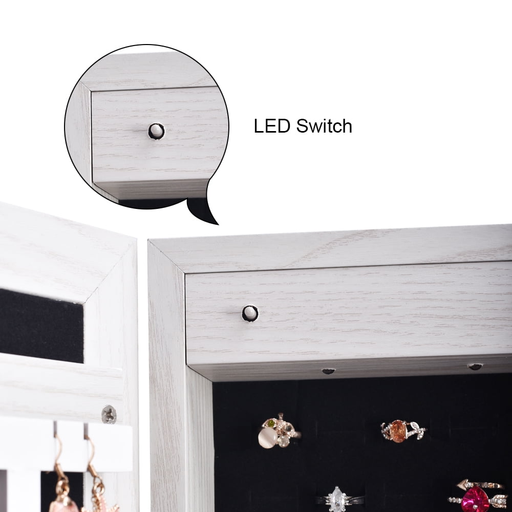 Wood Grain Square Jewelry Storage, Dressing Mirror Cabinet with LED Light, White
