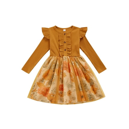 

Toddlers Baby Girls Ribbed Mesh Dress Kids Children s Casual Ruffled Flower Print Fly Sleeve O-Neck Tracksuits Outfits