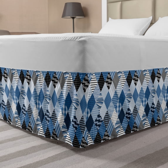 Geometric Bed Skirt, Geometrical Diamond Shaped Lines with Various Nostalgic Fashioned Old Pattern, Elastic Bedskirt Dust Ruffle Wrap Around for Bedding Decor, 4 Sizes, Blue Black, by Ambesonne