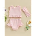thumbnail image 6 of Suealasg Baby Girls Shorts Outfits Infant Girls Sleeveless Ribbed Tank Vest and Elastic Waist Skirt Ruffle Shorts +Headband 3Pcs Summer Clothes Set, 6 of 9