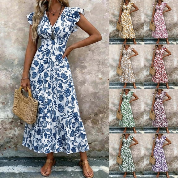 YuXingFu Womens Cotton Dresses with Sleeves Maxi V-Neck Plus Size Womens Dress Short Sleeve Womens Plus Size Summer Dress Long Casual Summer Green S