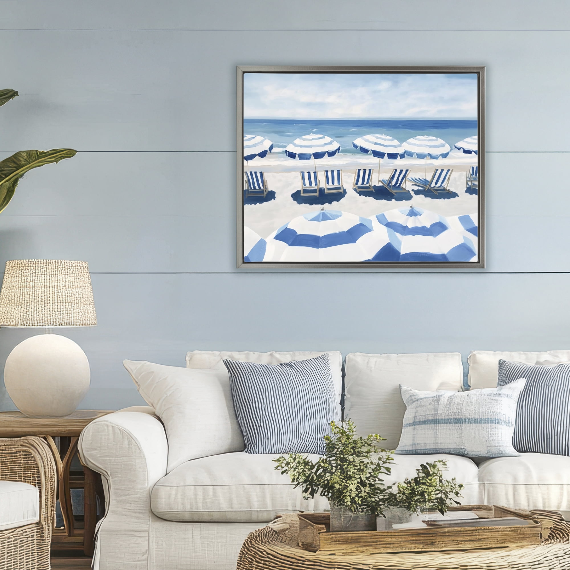 Stupell Industries Beach Nice Blue Striped Umbrellas Gray Framed Floater Canvas Wall Art, design by Sisi and Seb