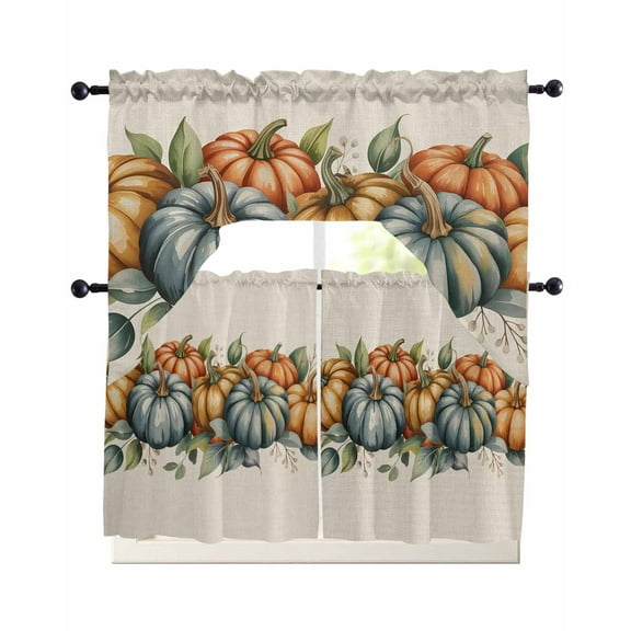 Pumpkins Thanksgiving Kitchen Curtains Sets 36 Inch Length with Valance, Fall Eucalyptus Leaves Beige Swag Valances and Tiers Curtain Set Drapes Swag Curtains for Living Room, Bathroom, Bedroom, Cafe