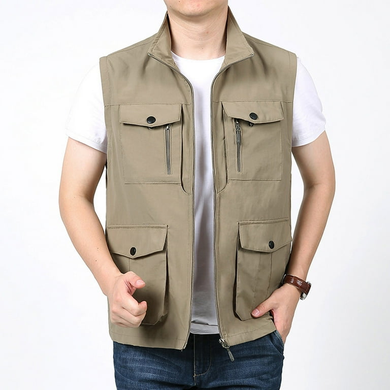 Ryrjj Men's Outerwear Vests Casual Outdoor Work Hiking Fishing Vest Lightweight Travel Photo Cargo Vest Jacket with Multi-Pockets(Khaki,XXL), Size