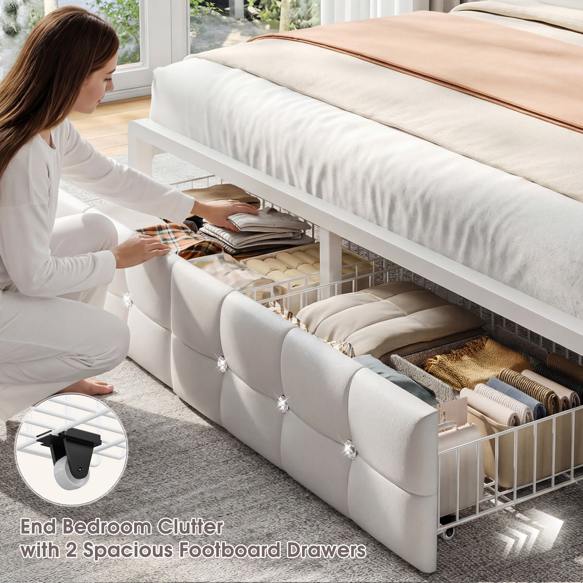 EnHomee Full Size Bed Frame with Headboard Bed Frame with Hidden Storage Compartment Upholstered Bed Frame with 2 Drawers & Outlets,White