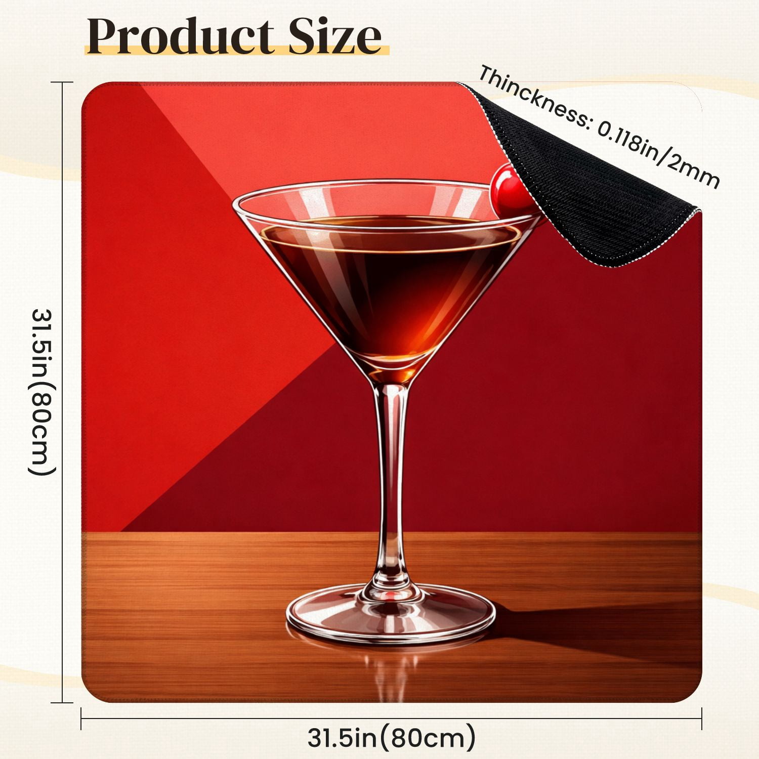 Mahjong Mat 31.5" x 31.5" Classic Cocktail Cherry Garnish Martini Glass Non-Slip Noise Reduction Mahjong Tiles Table Cover for Dominoes Poker Card Board and Tile Games