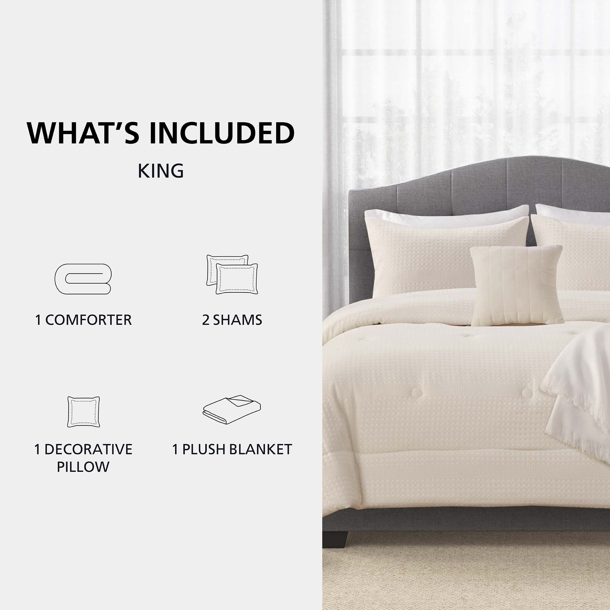 Mainstays King Comforter Set, All-Season, 5-Piece, Ivory Waffle