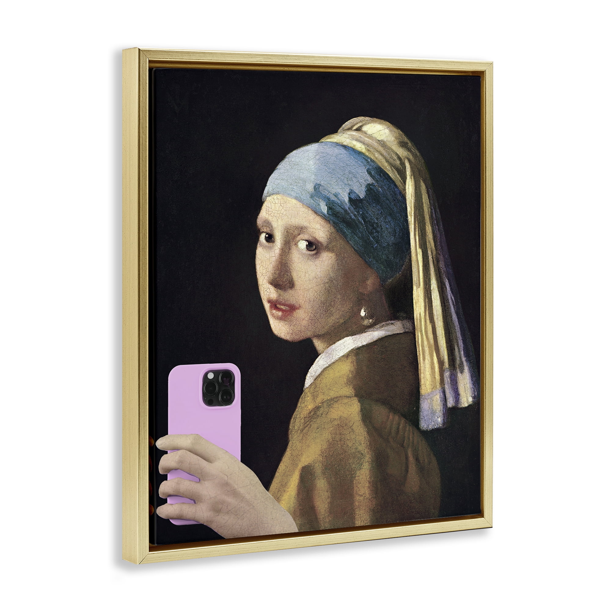 Girl With Pink Phone Funny Gold Framed Floater Canvas Wall Art, design by Masters Redux